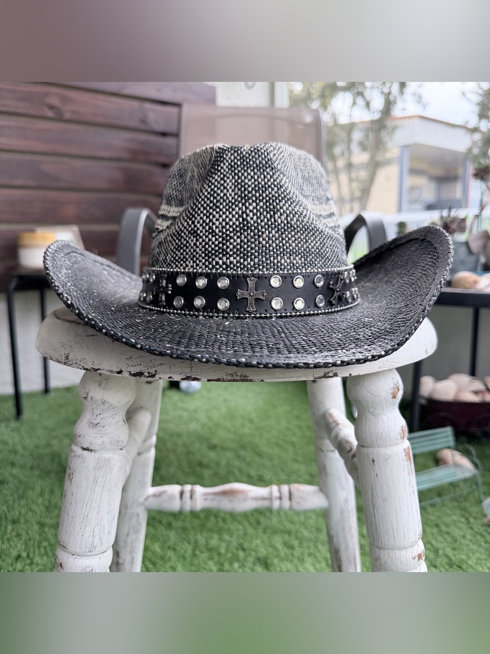 Black White Western Cowboy Hat Rhinestone Cross Studded Woven
Straw Cowgirl
